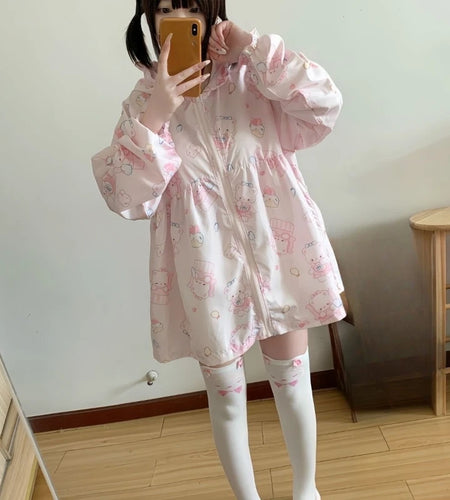 Japanese Sun Protection Cartoon Print Jackets Women Y2k Aesthetic Grunge Bear's Ear Hooded Coat Casual Loose Zipper Femme Tops