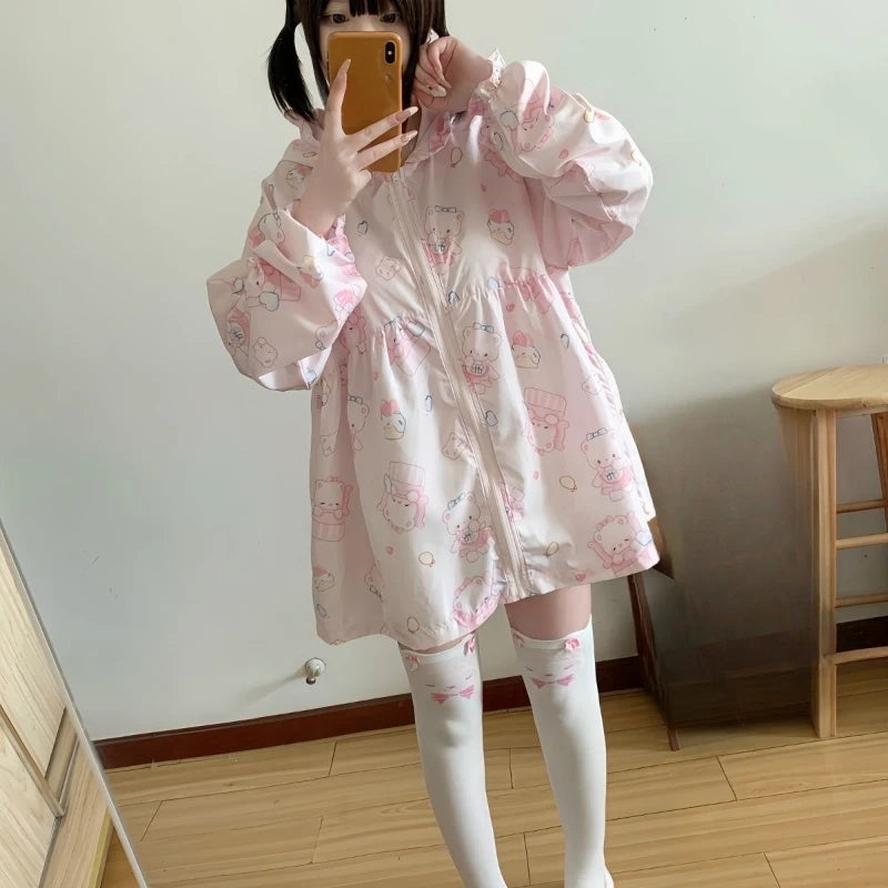 Japanese Sun Protection Cartoon Print Jackets Women Y2k Aesthetic Grunge Bear's Ear Hooded Coat Casual Loose Zipper Femme Tops