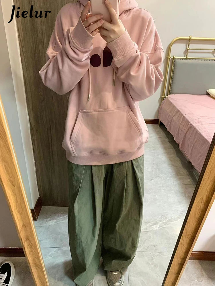 Pink Casual Hooded Drawstring Simple Women Hoodies Basic Chicly Printing Loose Fashion Pocket Pure Color Female Hoodies