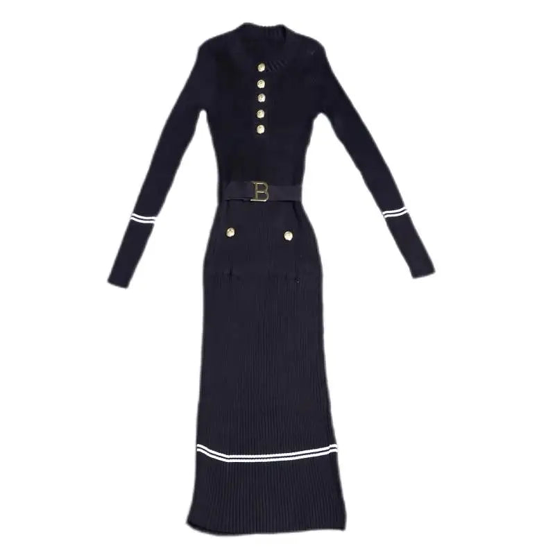 Women's Solid Patchwork Stripe V Neck Elegant Slim Long Sleeved Dress Spring Single Breasted Office Lady Knitted Dresses Fashion