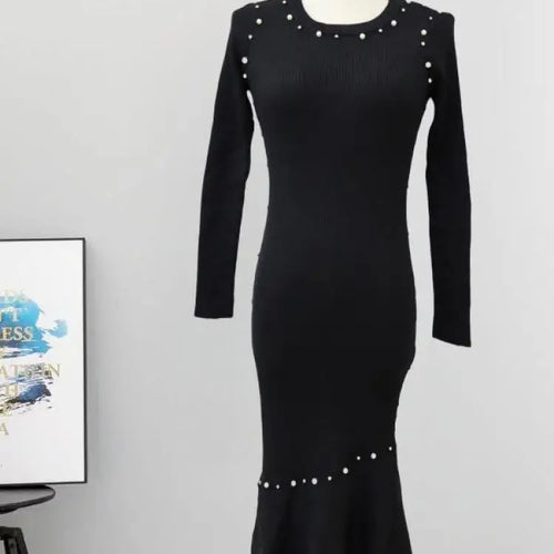 Load image into Gallery viewer, Vintage Women's Autumn Winter Solid Pearl Temperament Long Sleeved Knit Dress French Round Neck Festival Fashion Fishtail Dress
