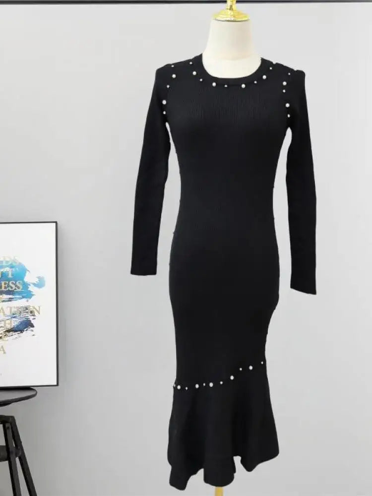 Vintage Women's Autumn Winter Solid Pearl Temperament Long Sleeved Knit Dress French Round Neck Festival Fashion Fishtail Dress