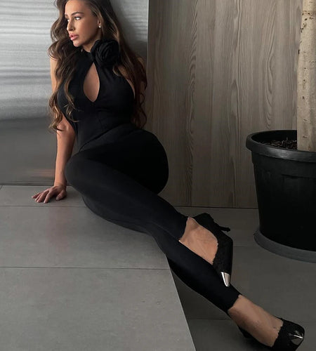 Sexy Hollow Out 3D Flower Women Jumpsuit backless Tights Solid Lace Up Jumpsuits Female Party Bodycon Club Streetwear