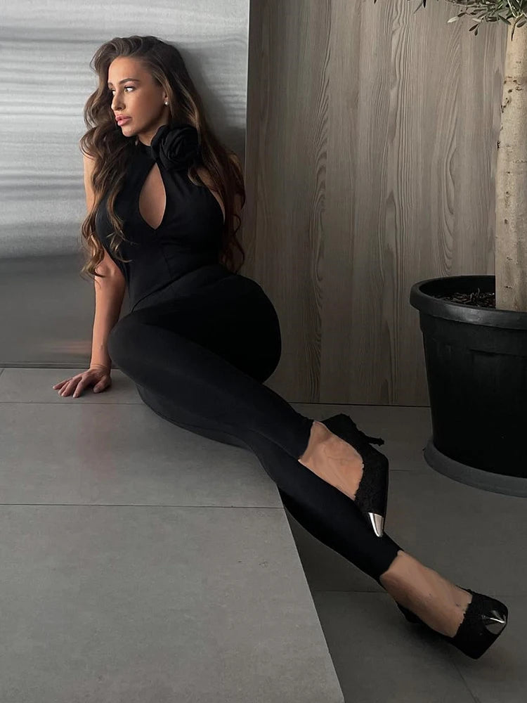 Sexy Hollow Out 3D Flower Women Jumpsuit backless Tights Solid Lace Up Jumpsuits Female Party Bodycon Club Streetwear