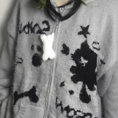 Load image into Gallery viewer, Y2k Aesthetic Gray Cartoon Jacquard Cardigans Winter Hooded Streetwear Oversized Tops Grunge Casual Zippers Knitted Sweaters
