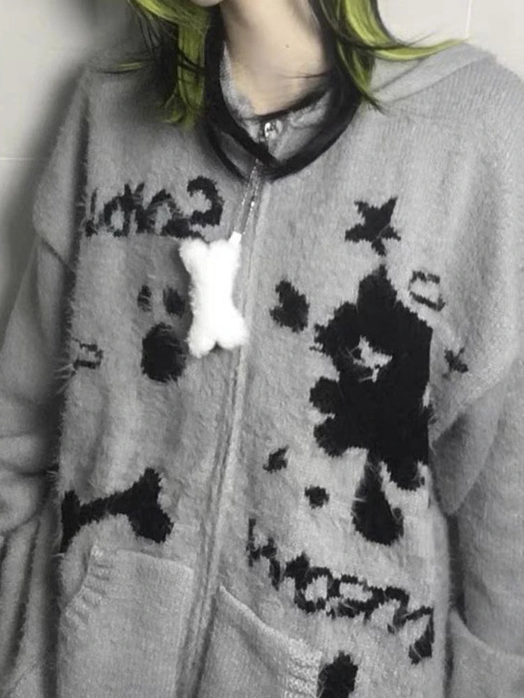 Y2k Aesthetic Gray Cartoon Jacquard Cardigans Winter Hooded Streetwear Oversized Tops Grunge Casual Zippers Knitted Sweaters