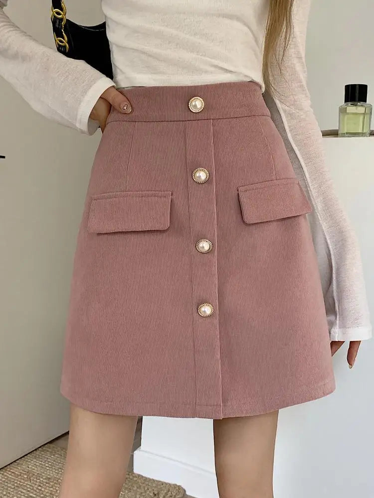 Autumn Winter New Black Pink Corduroy High Waisted Mini Skirt Women Korean Fashion Brown Large Size Short Skirt Simplicity Trend