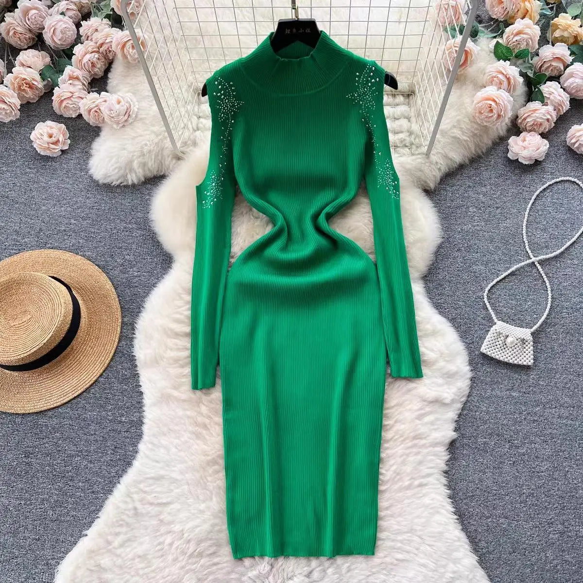 Autumn Elegant Half High Neck Long Sleeves Hollow Out Diamonds Hip Wrap Dress 2023 Fashion Slim Knitted Midi Dress French Simple