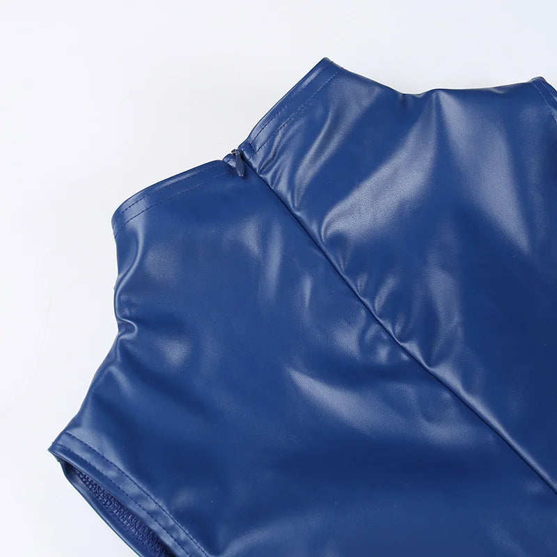Winter New Sleeveless PU Leather Mini Dress For Women Robe Turtleneck Bodycon Ruched Sexy Short Dress Vestido