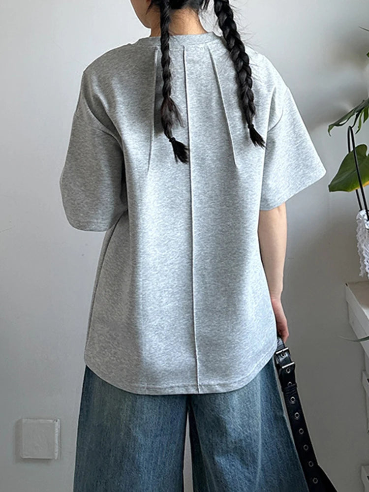 Women White Pleated Brief Big Size Casual T-shirt New Round Neck Short Sleeve Fashion Tide Spring Summer 2025 1DJ1177