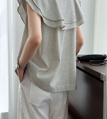 Women Navy Blue Ruffles Striped Elegant  Blouse New V-Neck Short Sleeve Shirt Fashion Tide Spring Summer 2025 1DJ1697