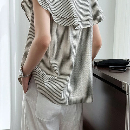 Load image into Gallery viewer, Women Navy Blue Ruffles Striped Elegant  Blouse New V-Neck Short Sleeve Shirt Fashion Tide Spring Summer 2025 1DJ1697
