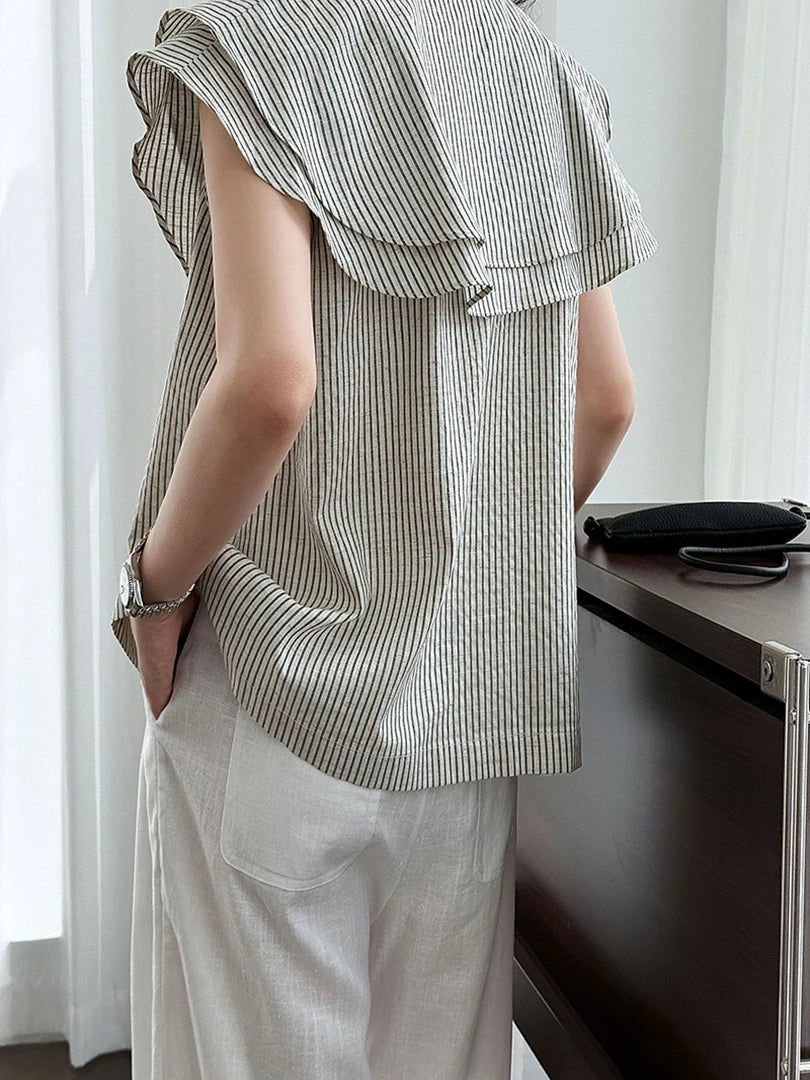 Women Navy Blue Ruffles Striped Elegant  Blouse New V-Neck Short Sleeve Shirt Fashion Tide Spring Summer 2025 1DJ1697