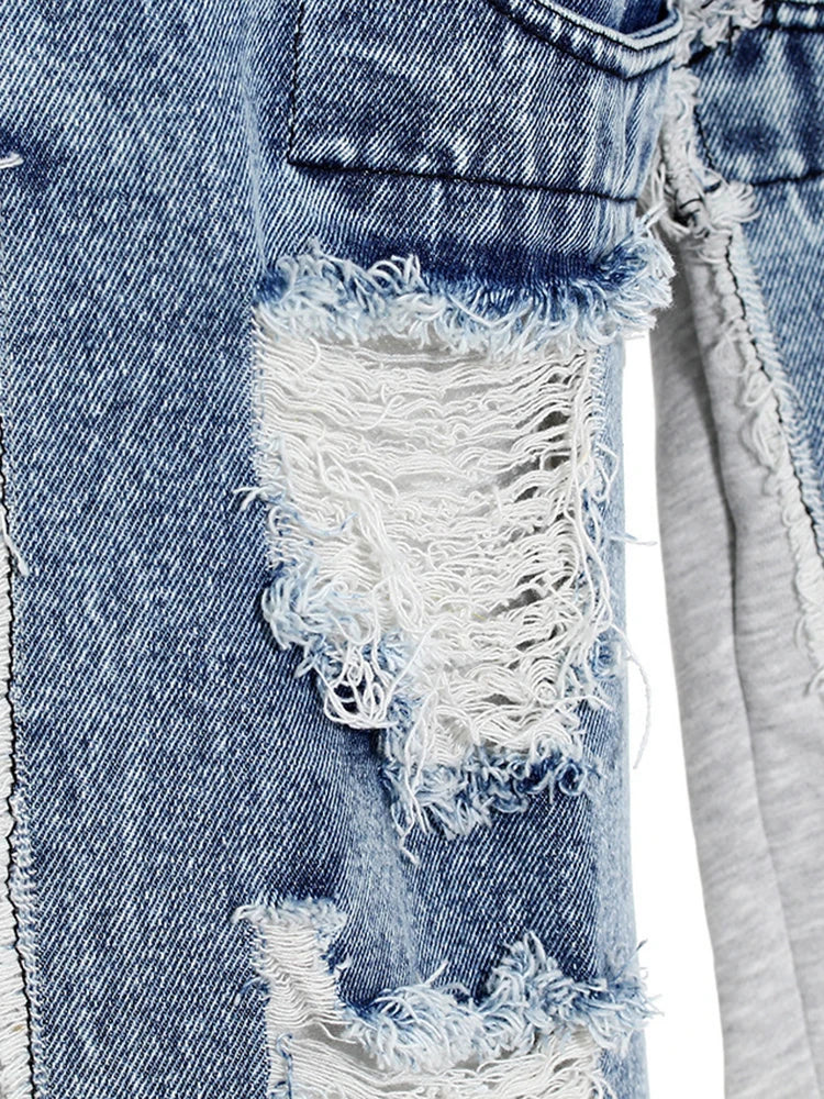 High Waist Gray Denim Burr Color-block Long Casual Wide Leg Jeans New Women Trousers Fashion Spring Autumn 2025 7AB4255