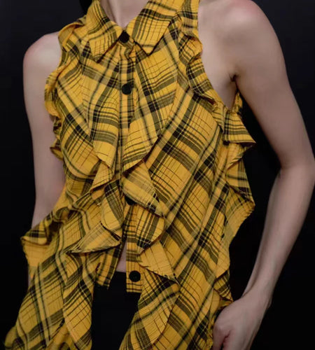 Hit Color Check Slimming Chic Vests For Women O Neck Sleeveless Minimalist Irregular Vest Female Fashion Style New