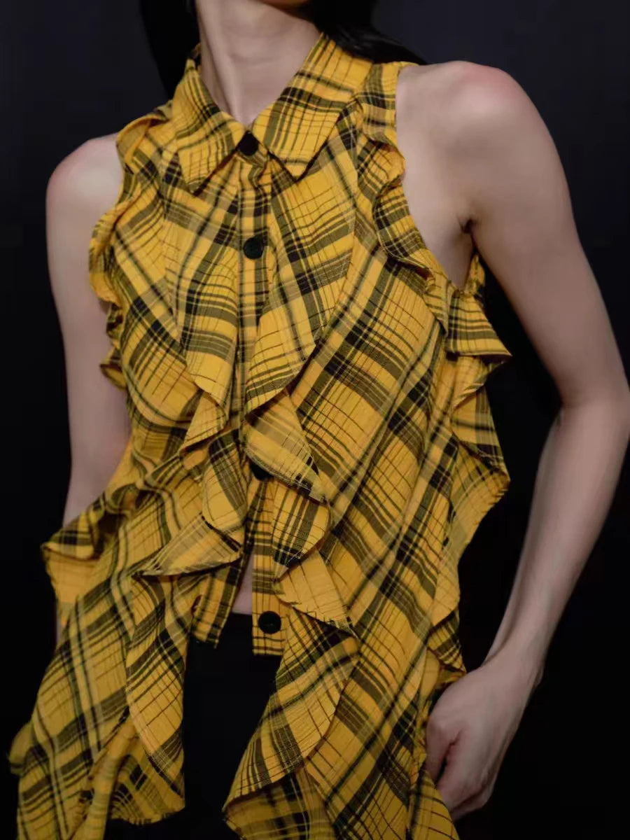 Hit Color Check Slimming Chic Vests For Women O Neck Sleeveless Minimalist Irregular Vest Female Fashion Style New