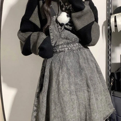 Load image into Gallery viewer, 2025 Vintage Autumn Fashion Black Striped Pullovers Women Knitted Oversized Hooded Sweaters Y2k Aesthetic Loose Grunge Jumpers
