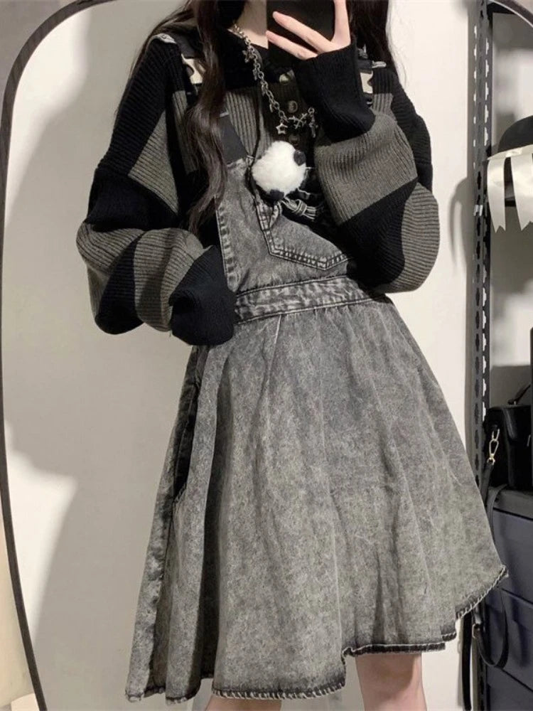 2025 Vintage Autumn Fashion Black Striped Pullovers Women Knitted Oversized Hooded Sweaters Y2k Aesthetic Loose Grunge Jumpers