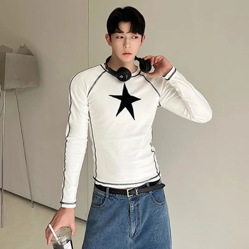 Men's T-shirt Fashion Pullover Long Sleeve T-shirt Round Collar Contrast Color Geometric Patter Pathchwork Male Top 9A8650