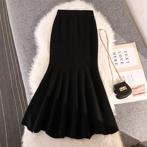 Load image into Gallery viewer, Autumn Winter Black Pleated Knit Fishtail Skirt Women 2023 Fashion Beige Bodycon Mermaid Midi Skirt Pink Elastic High Waist Slim
