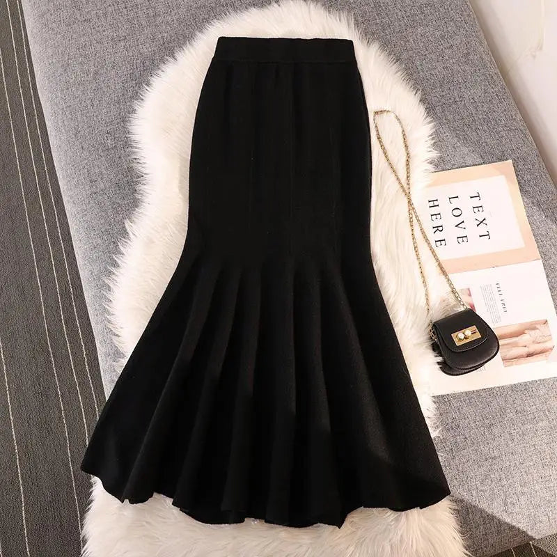 Autumn Winter Black Pleated Knit Fishtail Skirt Women 2023 Fashion Beige Bodycon Mermaid Midi Skirt Pink Elastic High Waist Slim