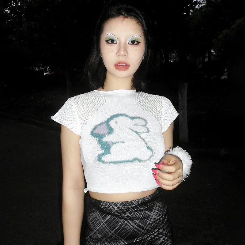 Japanese Y2k Knitted T-shirt 2000s Aesthetics Rabbit Embroidery Crop Top Vintage Harajuku Hollow Out Short Sleeve Tshirt