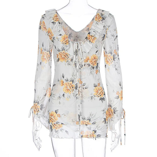 Load image into Gallery viewer, Sexy Long Sleeve Flower Deep V-neck Print Backless Mini Dress For Women Slim Lace-Up Club Party Dress Ladies Outfits
