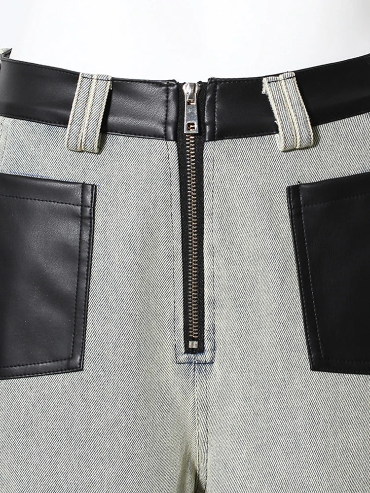 High Waist Black Color-block Leather Denim Long Wide Leg Jeans New Loose Women Trousers Fashion Spring Autumn 2025 1DH3903