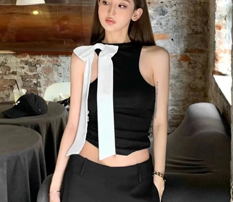 Bow Tie Tank Tops for Women Summer Clothing 2021 Stylish Crop Top Y2k 2000s Sleeveless T Shirts White Black P85-BD13