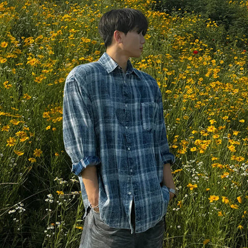 Load image into Gallery viewer, Men's Long Sleeve Shirts Plaid Male Spring Loose Single Breasted Casual Top Korean Trendy Lapel Clothing Tide 9W1486
