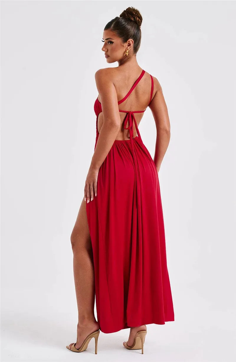 One Shoulder Diagonal Collar Backless Sexy Maxi Dress For Women Robe Fashion Off-shoulder Sleeveless High Split Dress