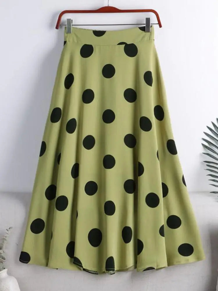 Chiffon Print Dot Skirts Womens High Waist All-match Summer Medium Long  A-line Skirt Female Office Lady Pleated Skirt Elegant