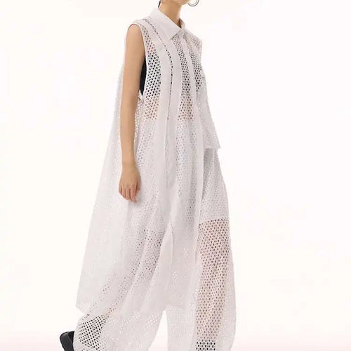 Load image into Gallery viewer, Women White Hollow Out Big Size Long Elegant Shirt Dress New Lapel Sleeveless Fashion Tide Spring Autumn 2025 1DH9424
