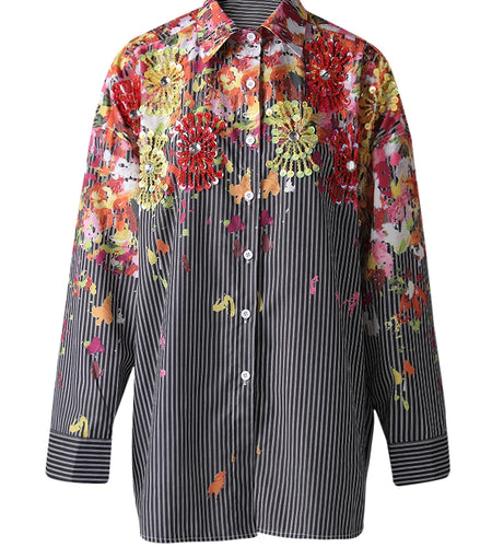 Women Black Striped Pattern Printed Big Size Blouse New Lapel Long Sleeve Shirt Fashion Tide Spring Autumn 2025 29L9965