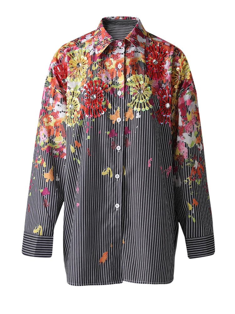 Women Black Striped Pattern Printed Big Size Blouse New Lapel Long Sleeve Shirt Fashion Tide Spring Autumn 2025 29L9965