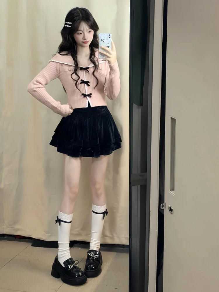 Sweet Y2k Aesthetic Sailor Collar Women's Cardigans Harajuku Slim Fit Patchwork Coats 2025 Autumn Fairy Grunge Bow Crop Tops