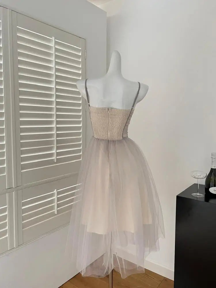 French Vintage Women Silver Pink Mesh Elegant Sexy Club Backless Pleated Slip Long Dress 2025 Summer Sleeveless Slim Party Dress