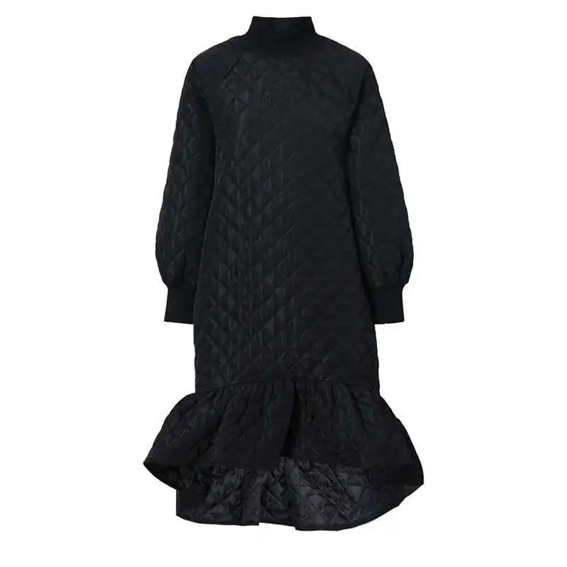 Women Black Cotton-padded Ruffles Dress New Turtleneck Long Sleeve Loose Fit Fashion Tide Autumn Winter 2025 1M9310