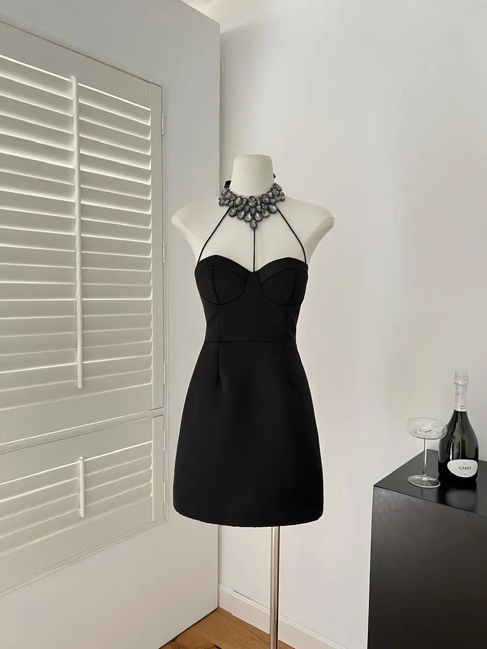 French Black Diamond Backless Halter Lace-up Short Dress Summer Red Sexy Club High Waist Elegant Sleeveless Party Evening Dress