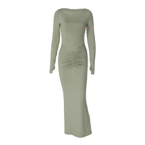 Load image into Gallery viewer, Long Sleeve Ruched Sexy Maxi Dress For Women Fashion Light Green O Neck Bodycon Elegant Club Party Long Dress Vestidos
