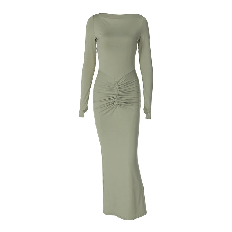 Long Sleeve Ruched Sexy Maxi Dress For Women Fashion Light Green O Neck Bodycon Elegant Club Party Long Dress Vestidos