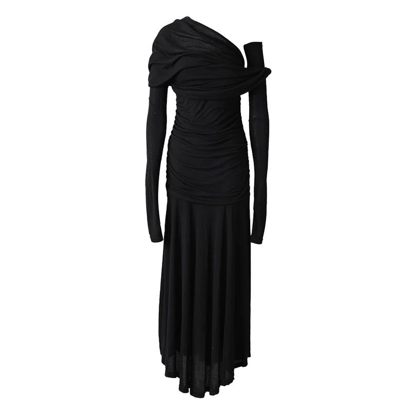 Women Black Pleated Elegant Slim Long Dress New Asymmetrical Collar Long Sleeve Fashion Tide Spring Autumn 2025 CPG2993
