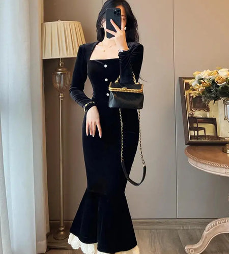 French Black Lace Patchwork Square Neck Wrap Hip Fishtail Dress Autumn Women Vintage Slim Evening Party Velvet Long Dresses 2023
