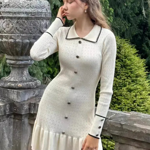 Load image into Gallery viewer, Autumn Long Sleeve Knit Dress For Women Fashion Lapel Single-btrasted Button High Waist Ruffled Mini Dress Knitwear
