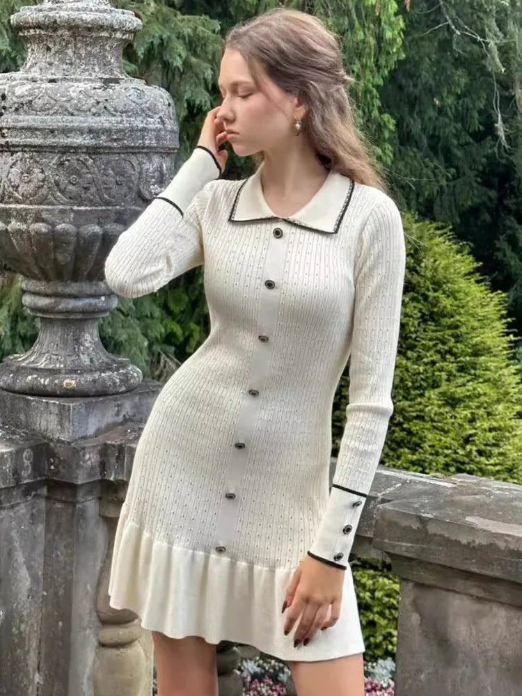 Autumn Long Sleeve Knit Dress For Women Fashion Lapel Single-btrasted Button High Waist Ruffled Mini Dress Knitwear