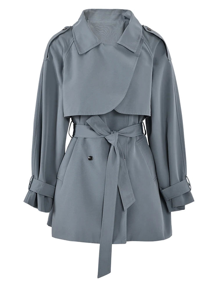 Women Gray Belted Big Size Trench New Lapel Long Sleeve Loose Fit Windbreaker Fashion Tide Spring Autumn 2025 CPG0586