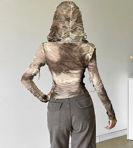 Wasteland Tops Women y2k Clothing Tie Dye Print Ripped Long Sleeve Hooded T Shirt 2000s Cybercore Clothes Streetwear