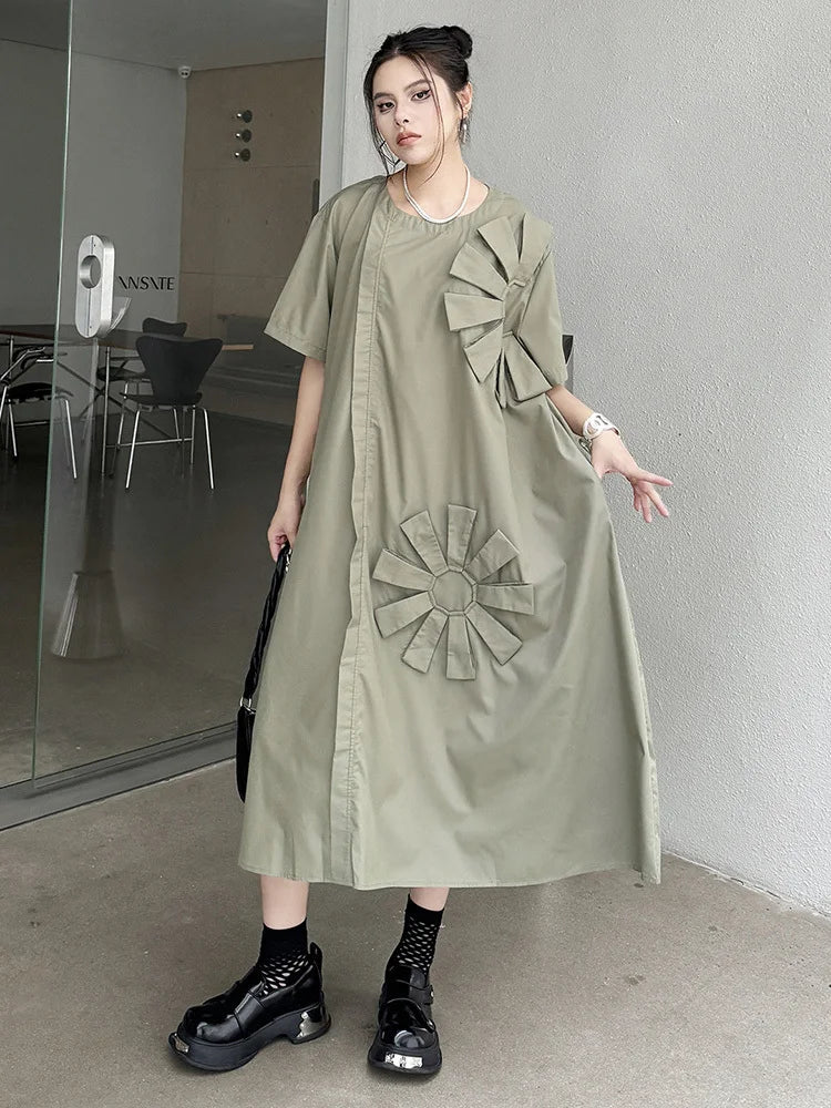 Women Green Flower Spliced Big Size Shirt Dress New Round Neck Short Sleeve Fashion Tide Spring Autumn 2025 1DH9678