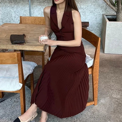 Load image into Gallery viewer, Fashion Skirt Two Piece Sets Women Notched Collar Sleeveless Crop Tops And Midi Skirt Femme Elegant Pleated Skirt Sets

