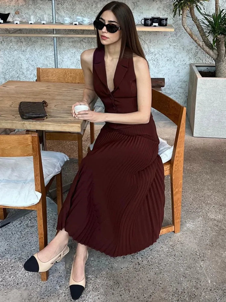 Fashion Skirt Two Piece Sets Women Notched Collar Sleeveless Crop Tops And Midi Skirt Femme Elegant Pleated Skirt Sets